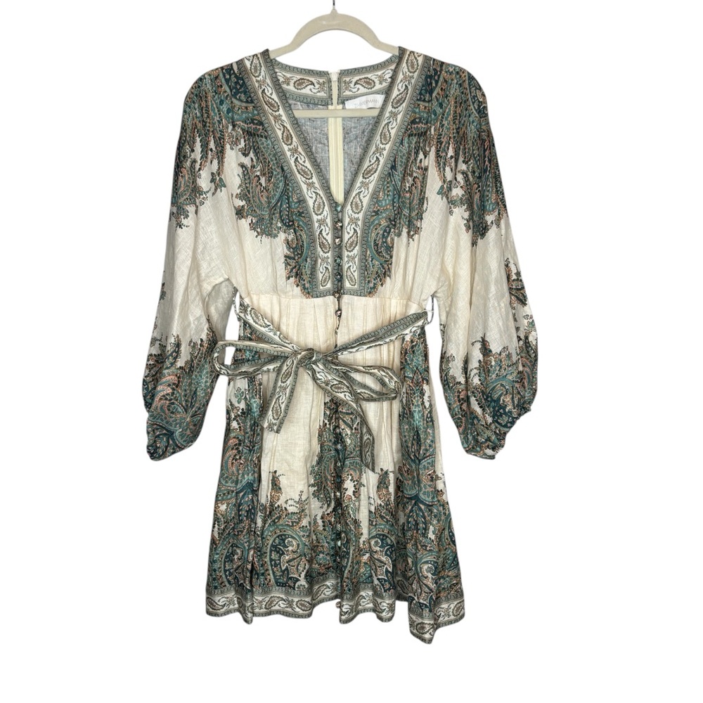Zimmermann White Mini Dress with Teal and Beige Paisley Embroidery - Picture 3 of 16
